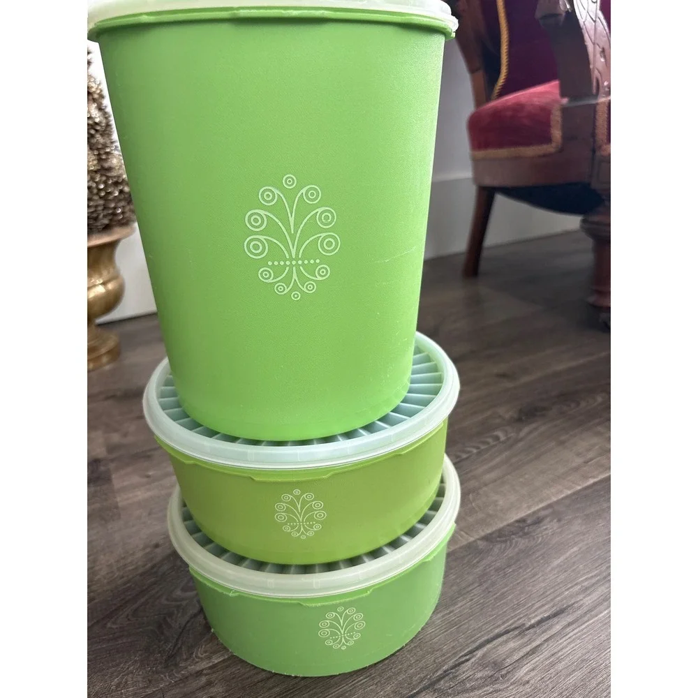 Vintage 70's Tupperware Servalier Canister Set Lime Green Sunburst Lids 3pc